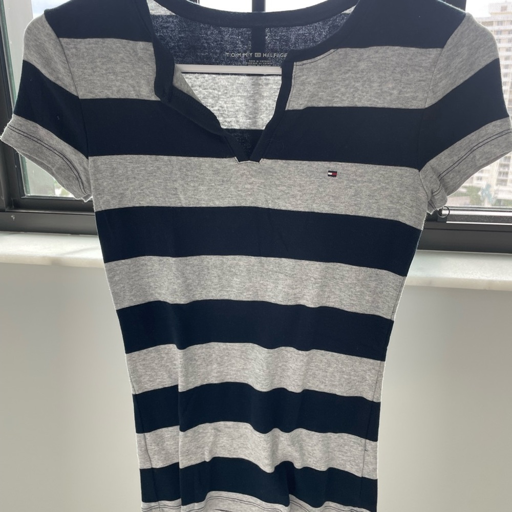 Tommy Hilfiger Gray and Navy Blue Striped Shirt